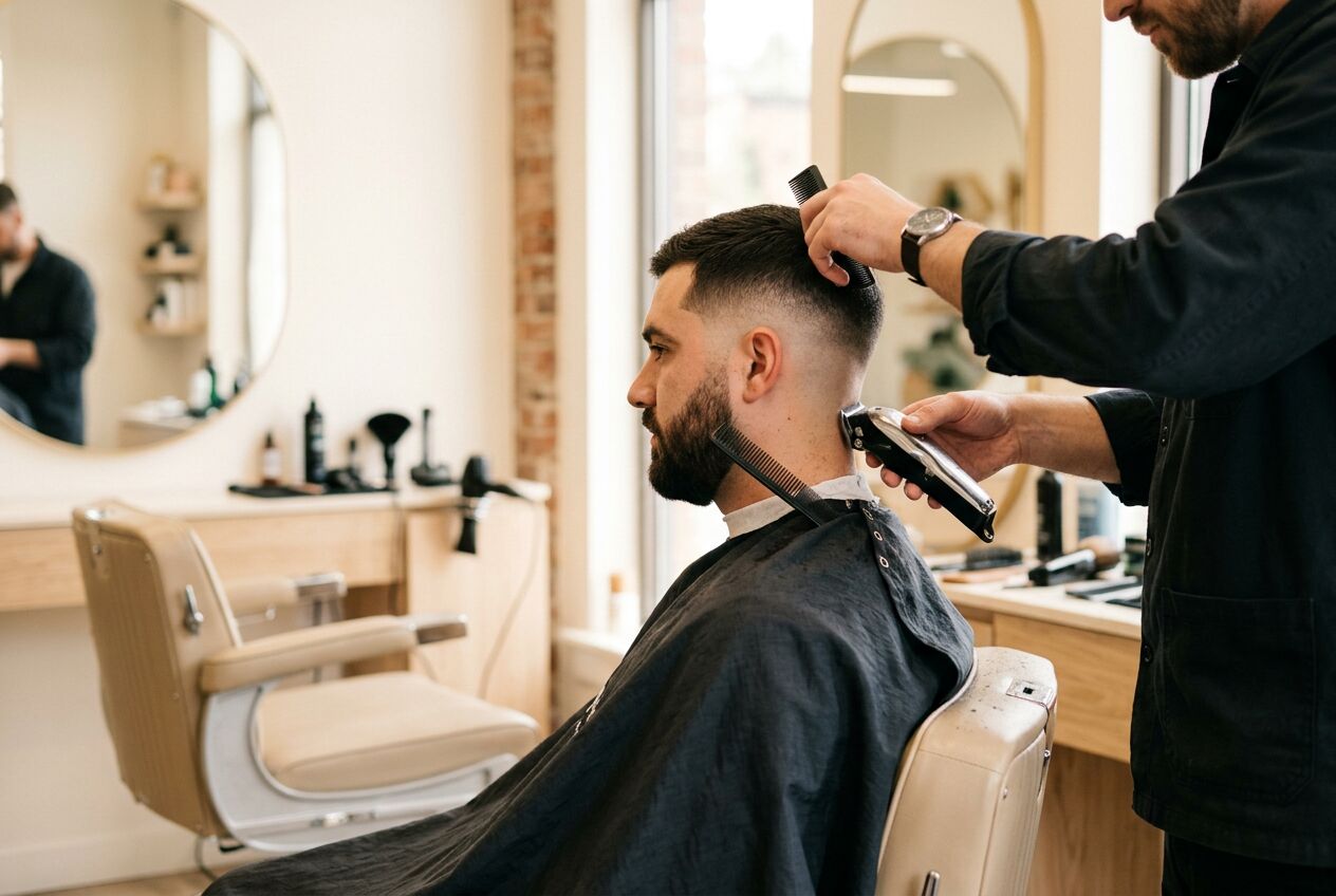 Barber giving a client a skin fade with clippers (stand-in photo)