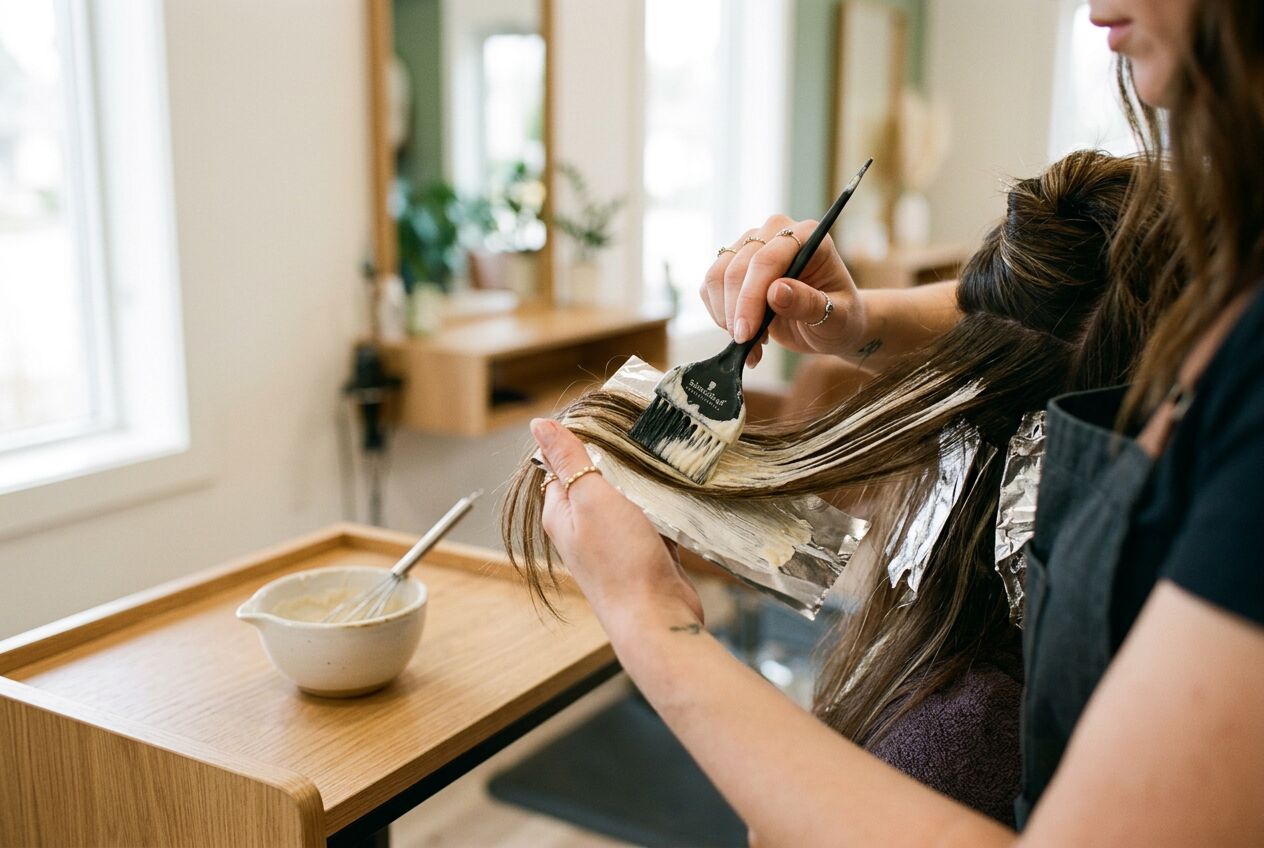 Highlights being applied with a brush and foil (stand-in photo)