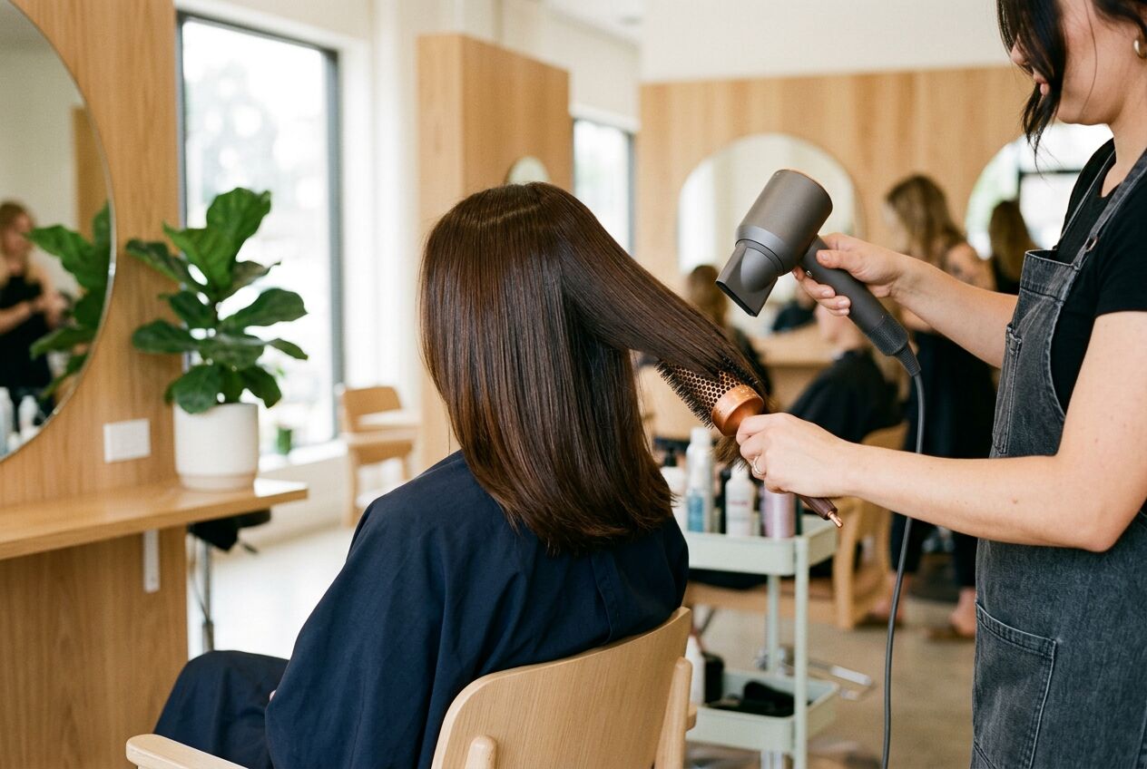 Stylist finishing a glossy blow-dry with a round brush (stand-in photo)