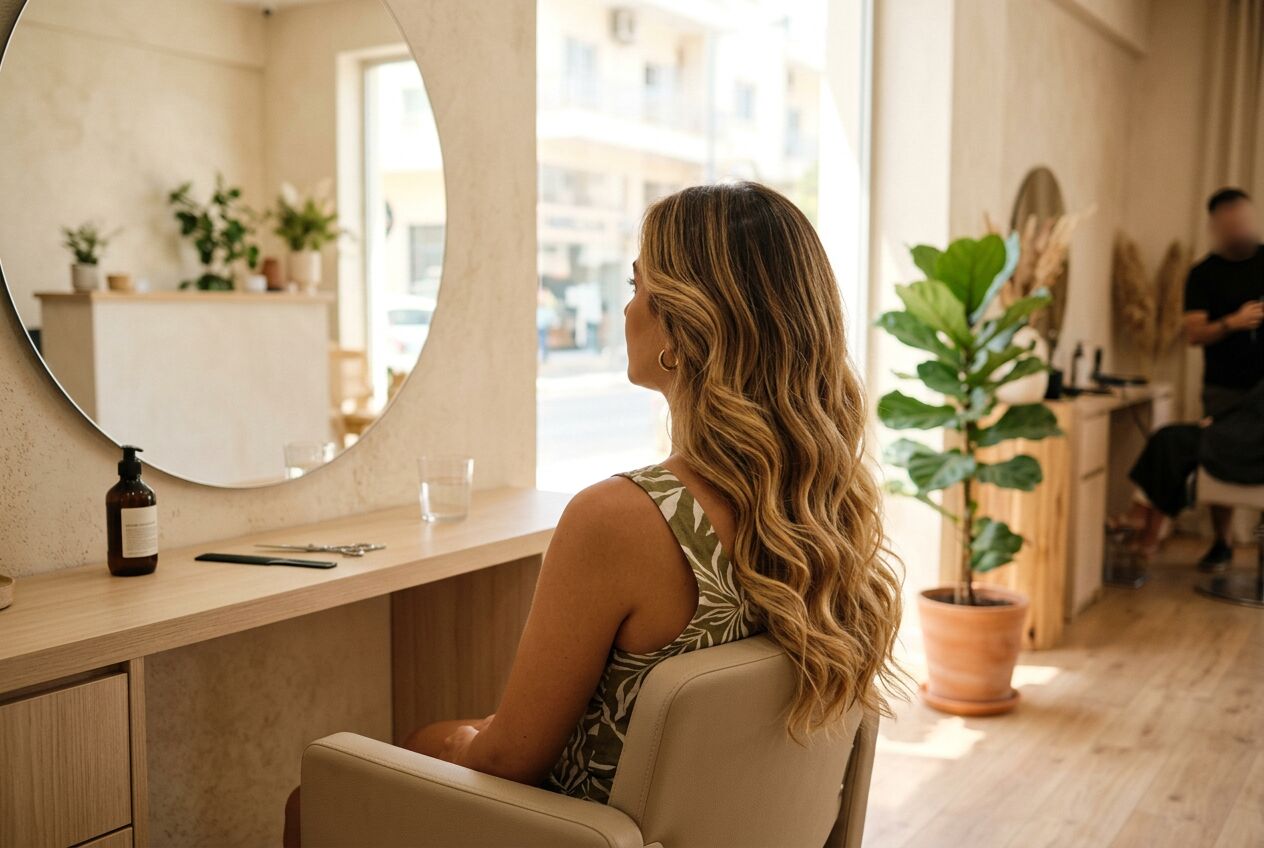 Client with freshly finished honey blonde balayage waves in a bright salon (stand-in photo)