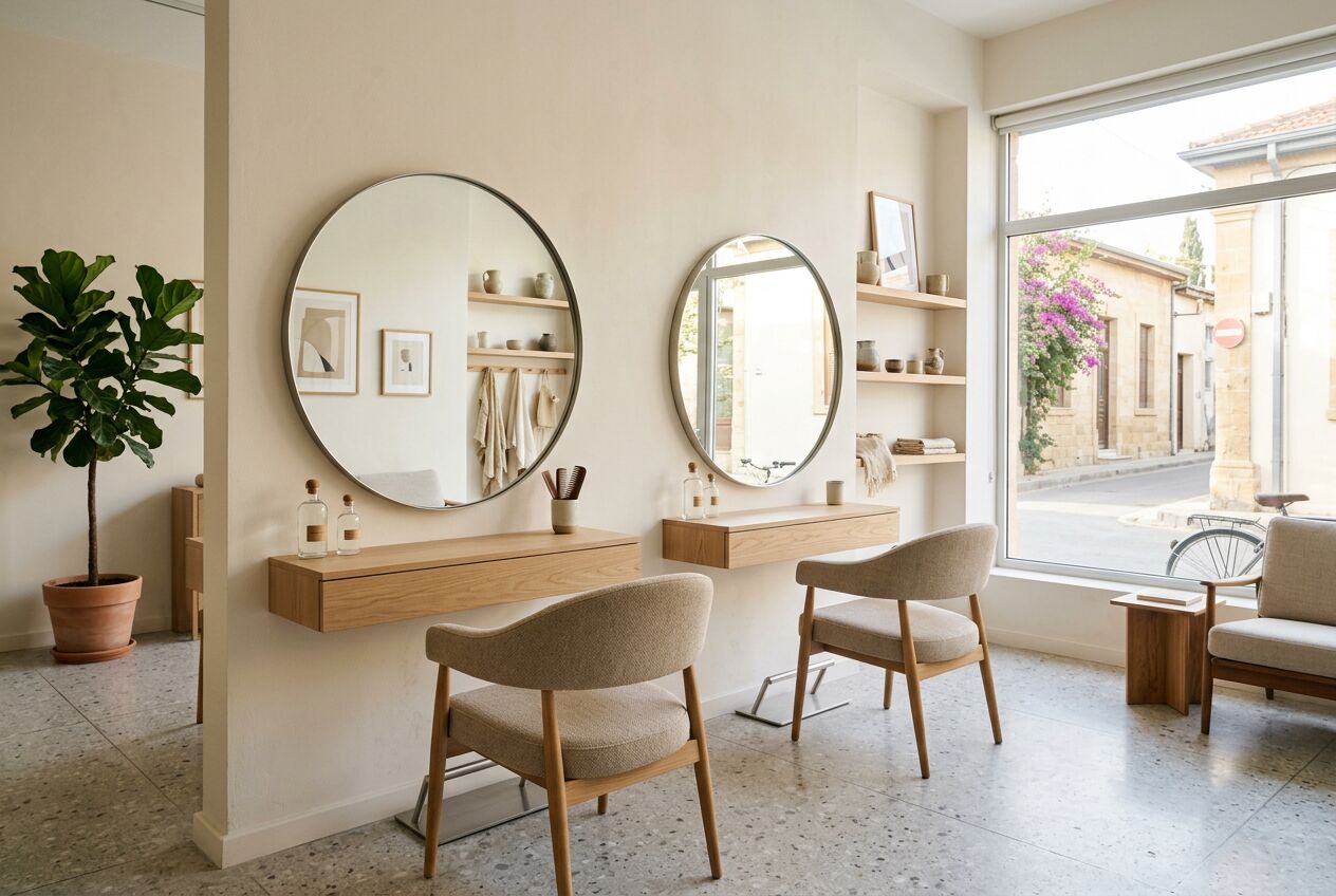 Bright salon interior with round mirrors, oak shelves and a large plant (stand-in photo)